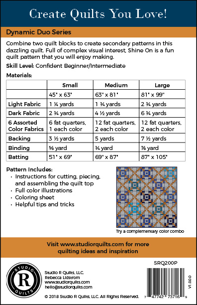 SRQ Shine On Quilt Pattern Cover Back