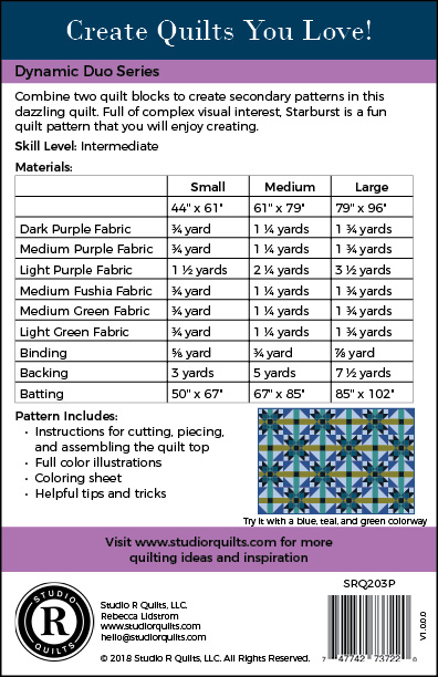 SRQ Starburst Quilt Pattern Cover Back